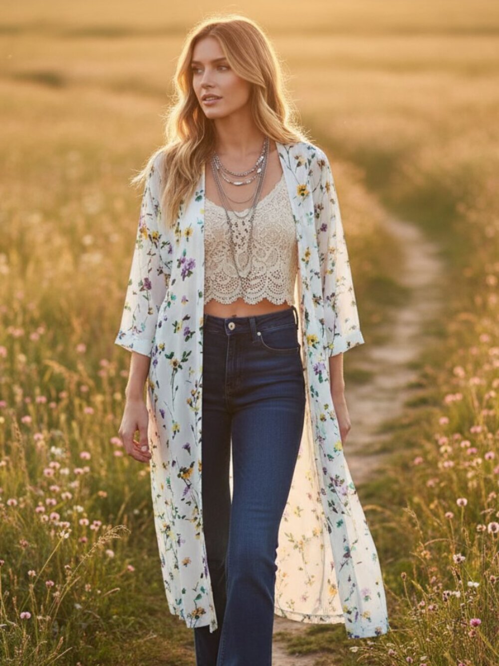 NEW Loft XS/S White Multi‎ Floral Kimono Wrap Duster Coverup Flowy Boho Cottage